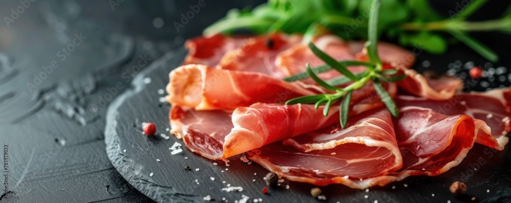 Spanish jamon ham sliced on black modern slate top view. banner. Spanish jamon ham sliced on black modern slate top view. banner.
