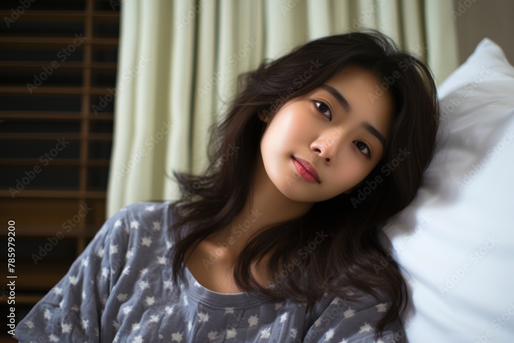 Portrait photo A young Japanese female resting in a hotel room, wearing pajamas, indulging in Sleep Tourism Portrait photo A young Japanese female resting in a hotel room, wearing pajamas, indulging in Sleep Tourism