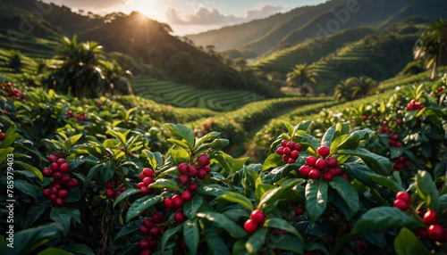 Brazilian coffee plantation close up in sun lights