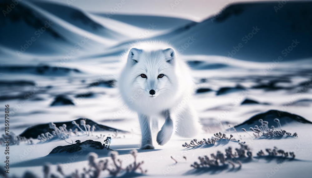 A white arctic fox in its natural winter habitat. The fox is captured in motion, walking towards the viewer with intent in its dark A white arctic fox in its natural winter habitat. The fox is captured in motion, walking towards the viewer with intent in its dark
