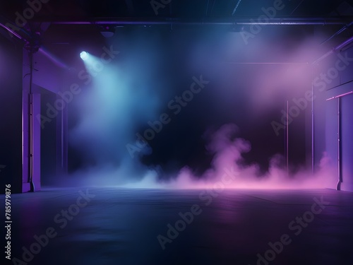  Empty dark stage show with blue, purple, pink background, neon light, spotlights, the floor and studio room with smoke for display products. Generative AI 