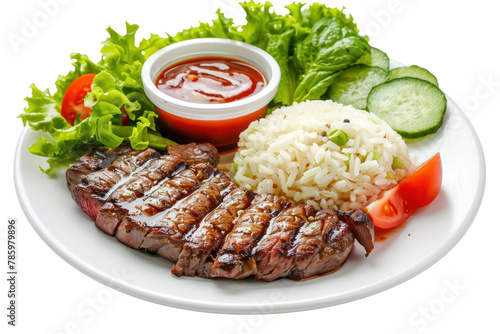 Gourmet meat steak, vegetable salad, sauce and rice on a plate. Delicious healthy meal made of grilled meat
.isolated on white background