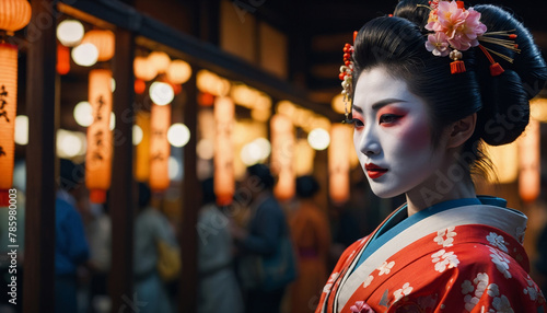 Geisha woman in kimono, graceful performances in Kyoto's historic district photo