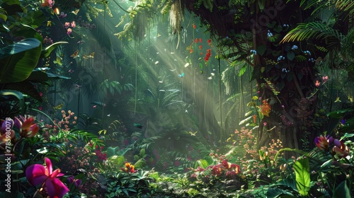 A lush tropical jungle alive with the symphony of nature, with towering trees draped in vines and colorful blooms, and exotic birds flitting among the canopy in a vibrant tapestry of life photo