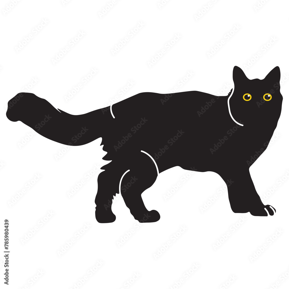 Happy International Cat Day Silhouette Isolated on White Background. with Kawaii Yellow Eyes. Vector Illustration