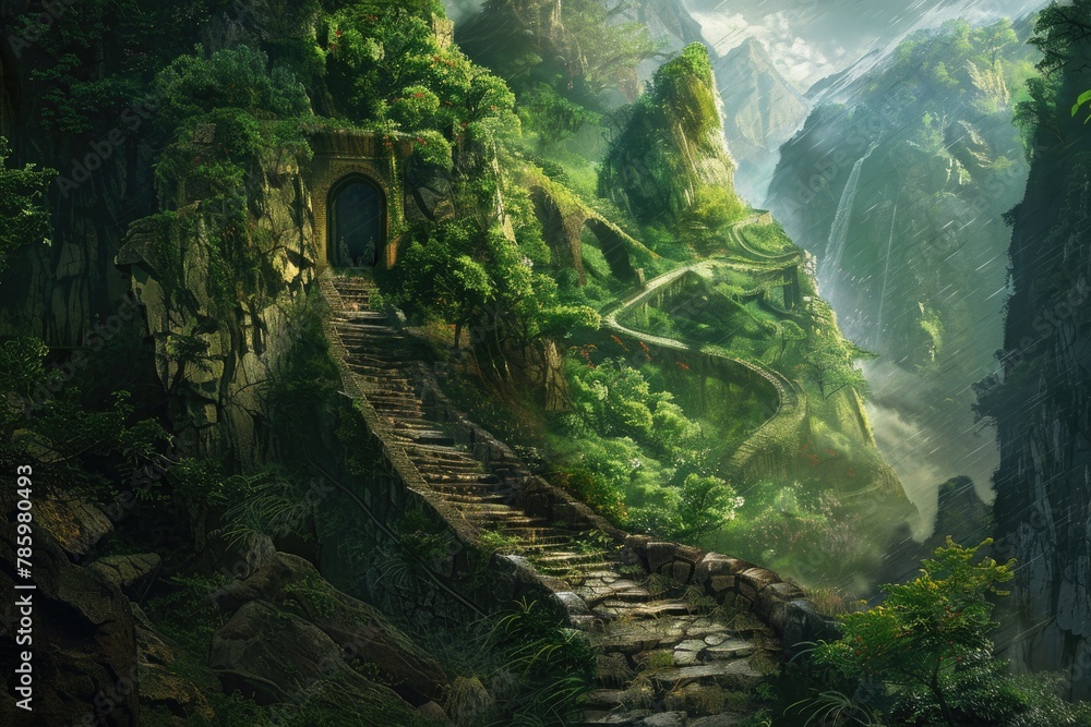 Mountain landscape with stone stairs in the jungle