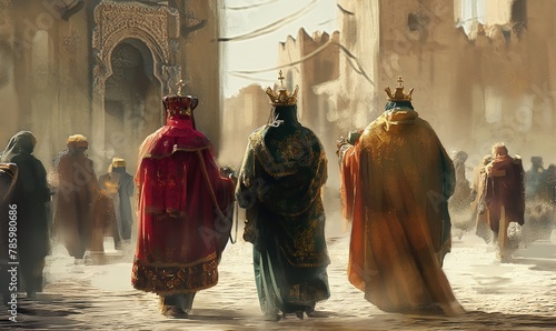 Illustration of three kings bringing gifts to the newborn baby Jesus on dusty streets on land of Judea