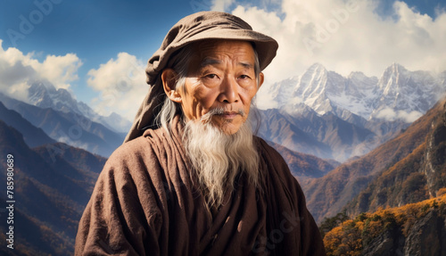 Asian wise old man in the mountains