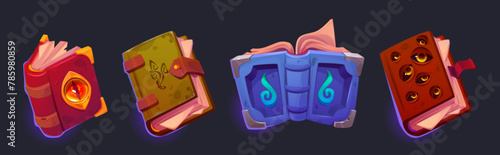 Old open magic book for fantasy game ui icon cartoon. Halloween wizard library set with ancient fairytale or grimoire assets drawing. Medieval school dictionary or myth literature for education
