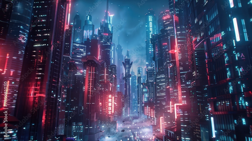 A futuristic cityscape bathed in the soft glow of neon lights and holographic displays, with sleek skyscrapers towering above bustling streets filled with autonomous vehicles and drones, 