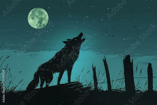 Illustration of a wolf in the forest at night with full moon © Quan