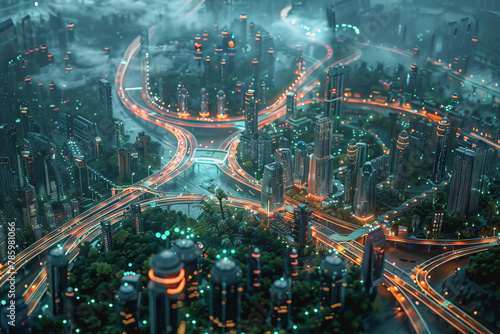Smart technologically advanced city of energy, transportation, and communication systems.