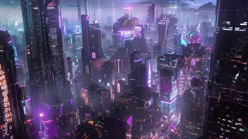A futuristic cityscape bathed in the soft glow of neon lights and holographic displays  with sleek skyscrapers towering above bustling streets filled with autonomous vehicles and drones  