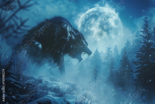 Black wolf in winter forest with full moon,   rendering © Quan