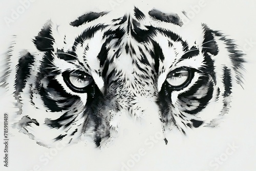 Tiger head with black and white stripes on white background, Hand-drawn illustration