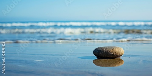 A close-up shot of a single, smooth stone on a wet beach sand