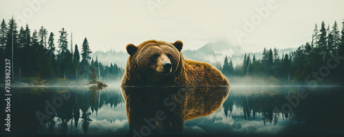 Solitary brown bear reflected in serene lake. Bear for t-shirt printing design.