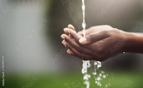 Photos Hands, water splash and sustainability with hygiene for environment, health and eco friendly on cleanness