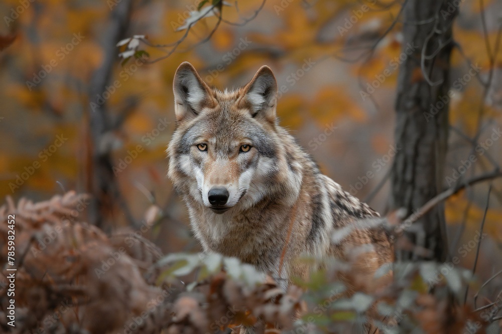 Grey wolf (Canis lupus) in autumn forest