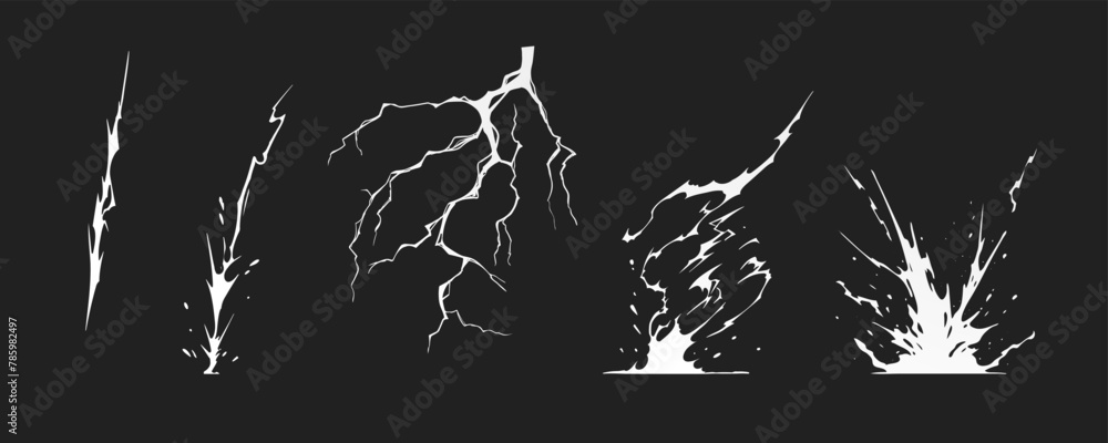 Lightning strike bolt silhouettes sequence vector illustration. Black ...