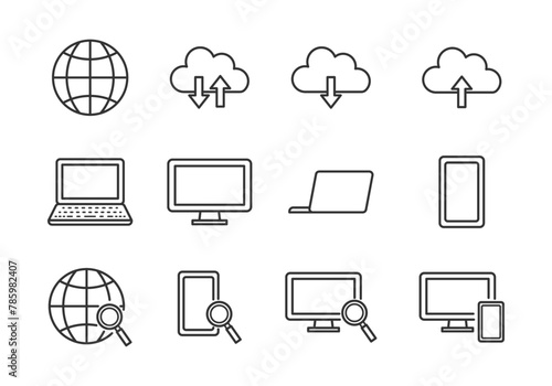 パソコン、スマホ、データに関するアイコンイラストセットIcon illustration set related to computers, smartphones, and data