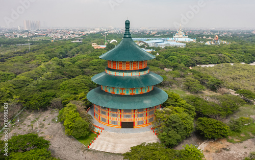 Aerial view of Pagoda Tian Ti Kenjera in Surabaya