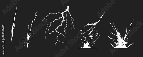 Lightning strike bolt silhouettes sequence vector illustration. Black thunderbolts and zippers are natural phenomena isolated on a dark background. Thunderstorm electric effect of light shining flash. © Konstantin