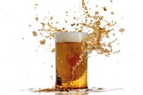 Glass of beer with splashes isolated on white background,  Close up