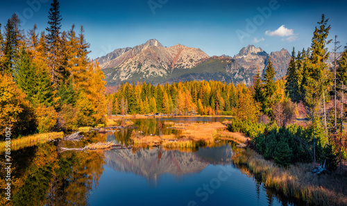 Calm autumn view of Strbske pleso lake. Astonishing morning view of High Tatra National Park, Slovakia, Europe. Beauty of nature concept background. © Andrew Mayovskyy