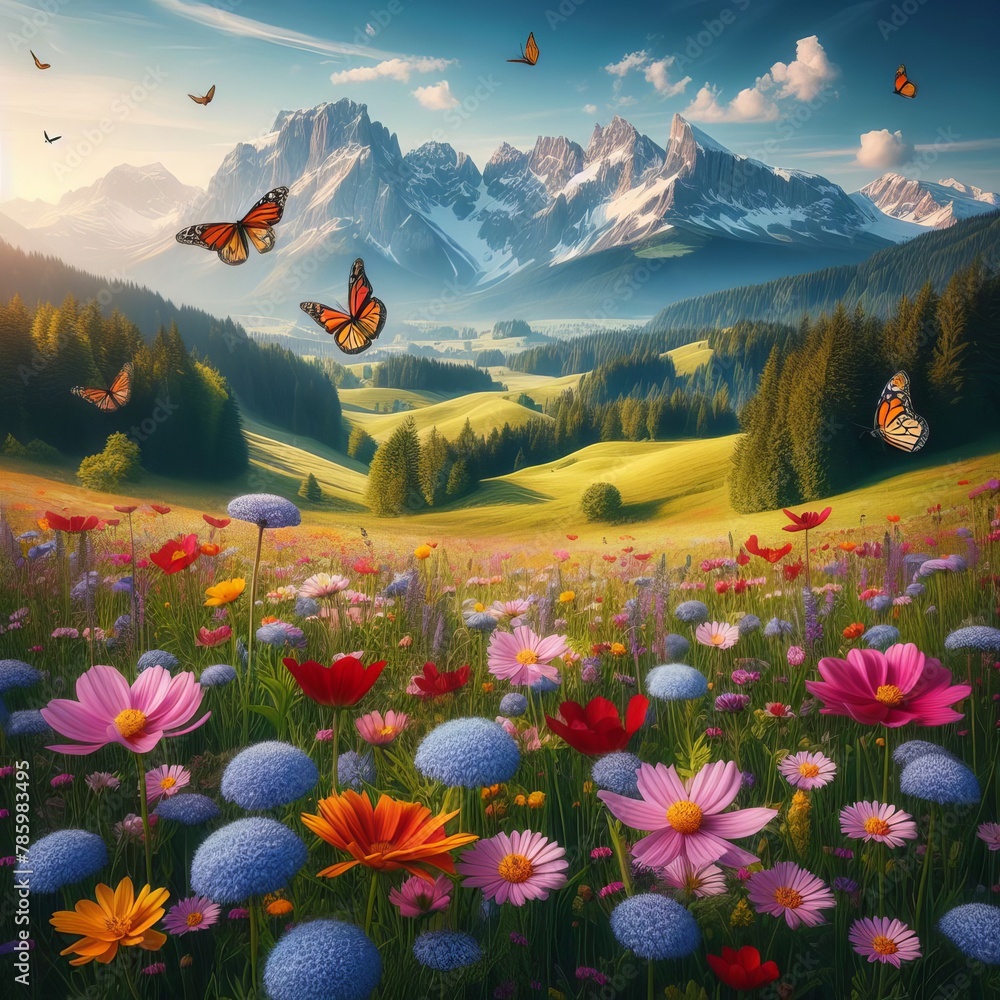 Spring landscape with blooming wild flowers,sunlight and blue sky,Generative Ai