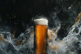 Glass of beer on a dark background with splashes of water