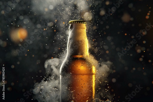 Beer bottle with water drops and smoke on black background, close up
