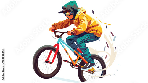 Teen kid doing wheelie stunt on a bmx bike. Boy riding