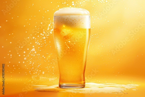 Glass of beer with splashes on yellow background with copyspace