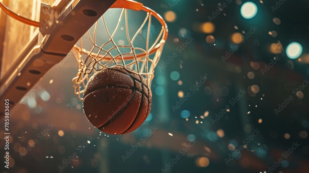 Basketball ball entered in the basket touching the net. Playing in the street on outdoor court, close up Basketball ball entered in the basket touching the net. Playing in the street on outdoor court, close up
