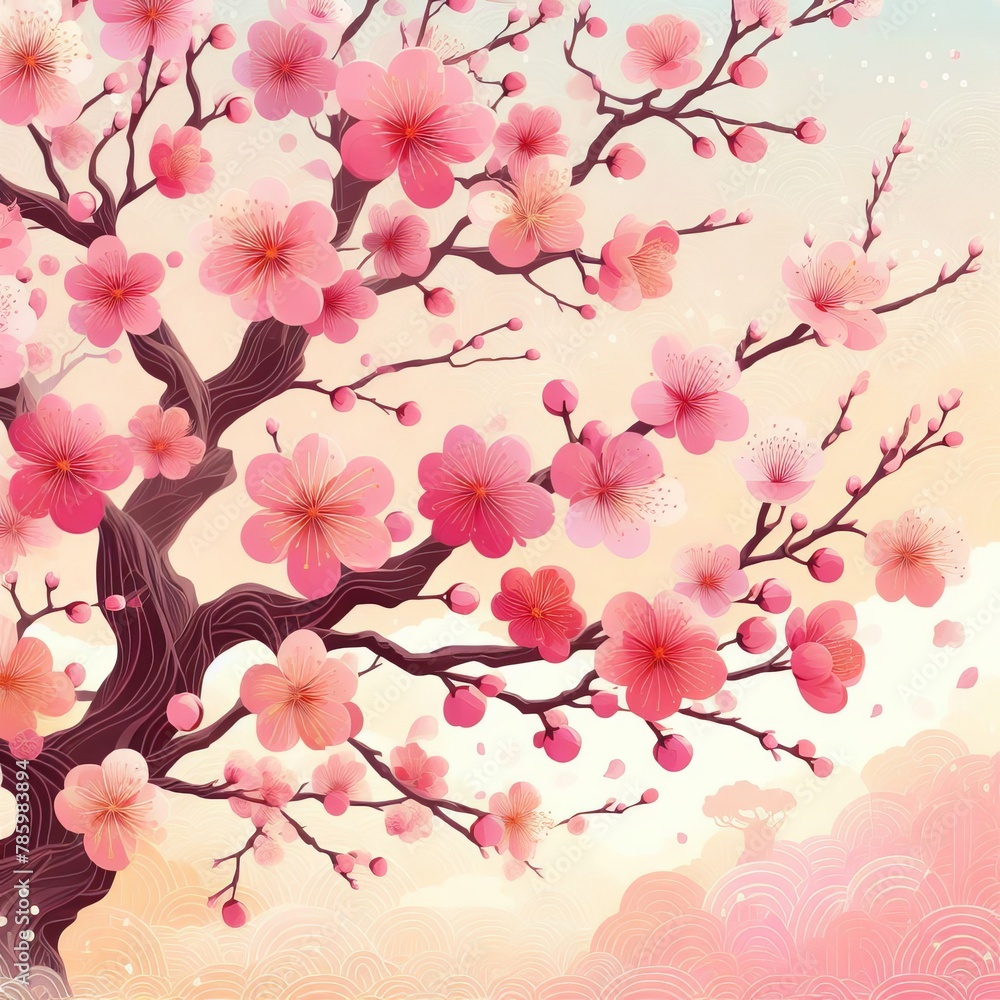 Fototapeta premium Spring landscape with blooming wild flowers,sunlight and blue sky,Generative Ai