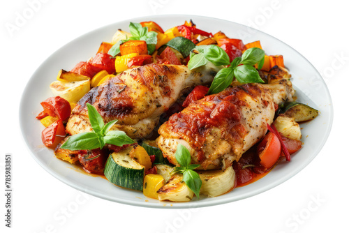 Plate with fried chicken breast served with ratatouille vegetables and tomato sauce
.isolated on white background