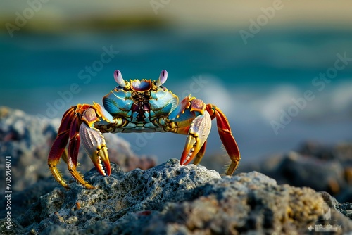 Sally Lightfoot crab (Sally Lightfoot crab) on a rock in the ocean photo