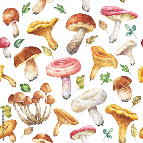 Mushrooms seamless repeat pattern watercolour illustration 