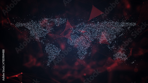 Virtual detailed world map illustration. Abstract red and black triangle background.