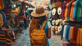 A traveler exploring a colorful marketplace in a foreign country. 