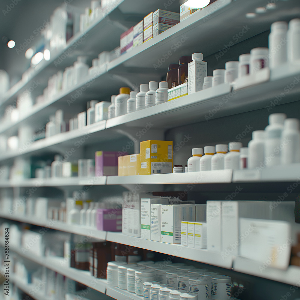 Modern Pharmacy Interior with White Shelves Stocked with Medications: Healthcare and Wellness Concept in Medical Retail Store.