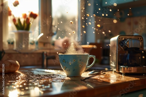 A cup of coffee in a kitchen, with levitating splash drops frozen in mid-air
