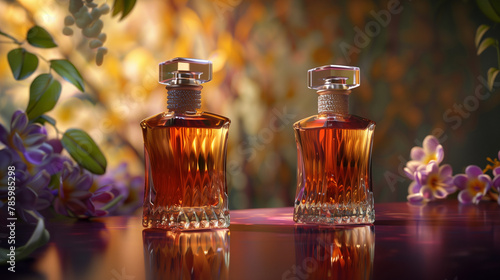 Two perfume bottles and a flower