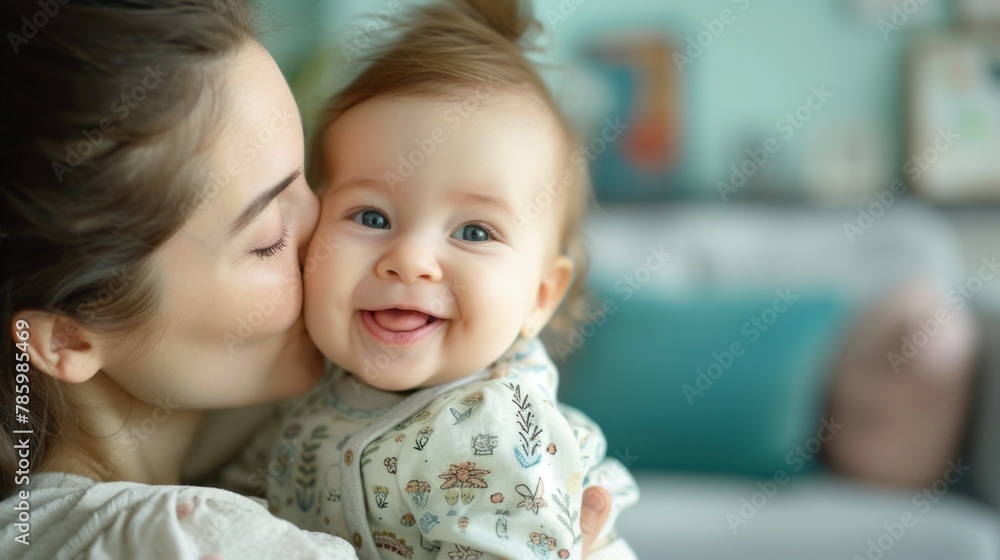 Happy family. Laughing mother lifting her adorable newborn baby Happy family. Laughing mother lifting her adorable newborn baby