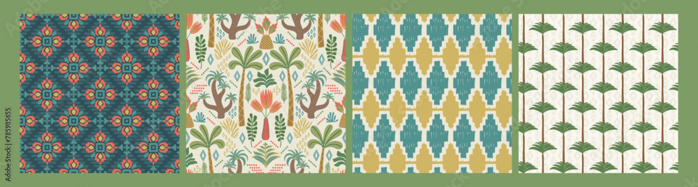Ethnic tropical seamless patterns with palms and geometric elements. Modern abstract design for paper, cover, fabric, interior decor and other Ethnic tropical seamless patterns with palms and geometric elements. Modern abstract design for paper, cover, fabric, interior decor and other