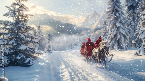 A horse-drawn sleigh gliding through a snow-covered landscape, its passengers bundled up warmly as they enjoy a magical holiday ride. 8k, realistic, full ultra HD, high resolution, and cinematic