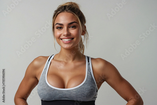 Gorgeous healthy and fit young woman wearing a sports bra is smiling towards the camera on a clean white background