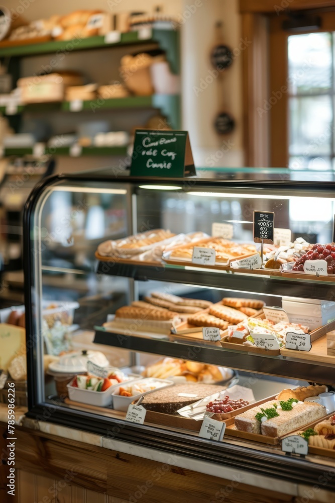A family-owned deli and café with a display case of freshly baked goods, deli meats, and specialty cheeses, offering a taste of homemade comfort food, Generative A