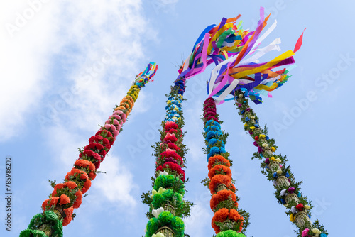 Traditional Polish Easter palms during Easter palm contest. Jarmark wielkanocny in Poland. Palma wielkanocna on a Palm Sunday.